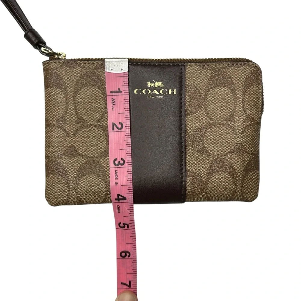 Coach Signature Canvas Corner Zip Wristlet Wallet Brown Gold